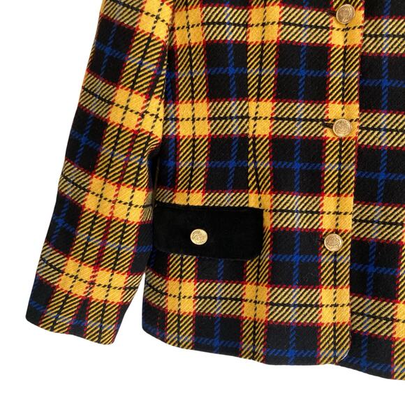 Vintage 90s Joan Leslie Yellow Black Tartan Wool Twill Velvet Blazer Size Medium - Picture 7 of 16